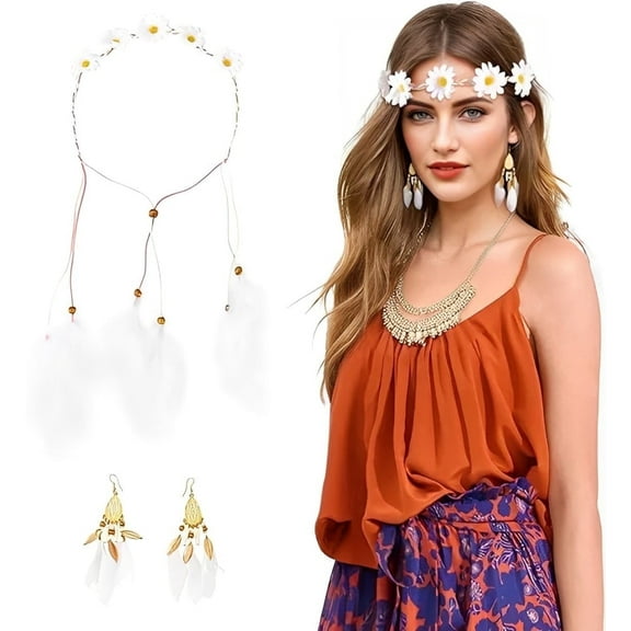Wowstyle Boho Feather Headbands Earrings Set for Women 60s 70s Tassel Floral Wreath Hippie Costume Hair Accessories Valentine's Day, White, 2 ct