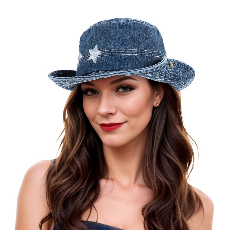 Wowstyle Cowboy Hat for Women Drawstring Blue Denim Cowgirl Bucket Sun — free download