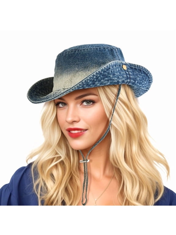 Cowboy Hat for Women Drawstring Blue Denim Cowgirl Bucket Sun Hats for Women Adjustable UV Protection Fisherman Boonie Cap