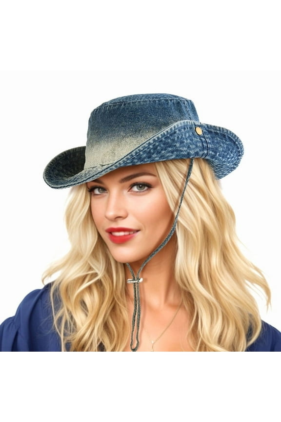 Cowboy Hat for Women Drawstring Blue Denim Cowgirl Bucket Sun Hats for Women Adjustable UV Protection Fisherman Boonie Cap