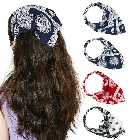 Wowstyle Elastic Hair Scarf Headband - 4 PCS Chiffon Print Floral Hair Scarves with Hair Clips Kerchief Head Bandanas for Women (Black/Red/Beige/Navy blue)