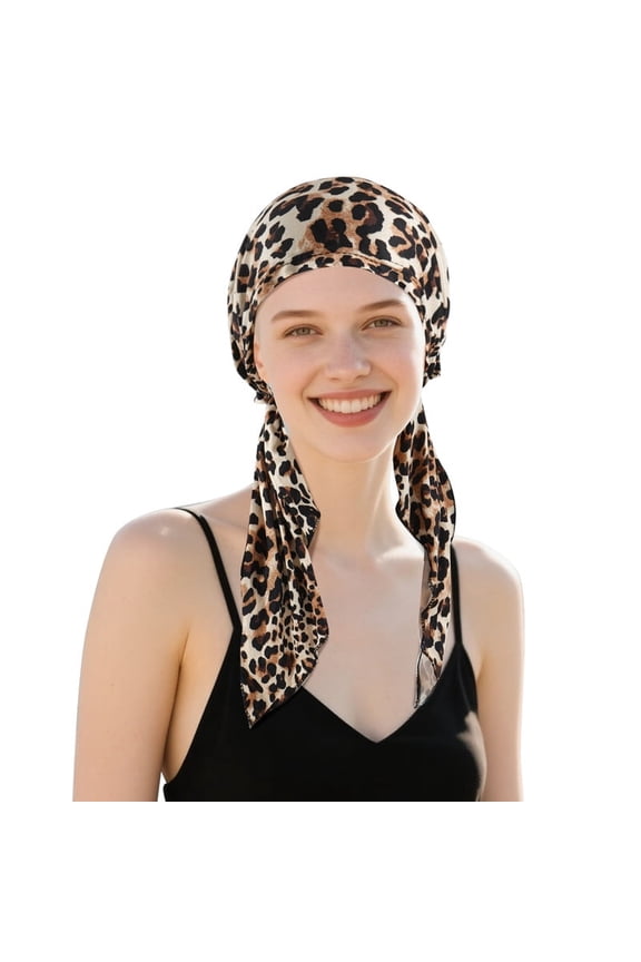 Pre Tied Chemo Headwear Women Fashion Print Curved Patients Head Cover Skull Cap Cancer Hair Loss Turban Beanie Hats, Leopard
