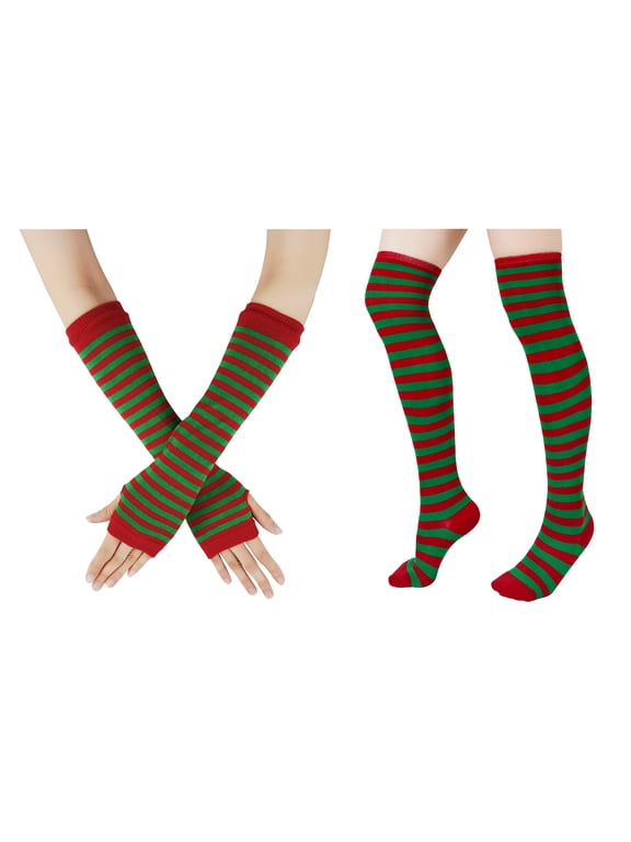 Wowstyle Red and Green Striped Thigh High Socks for Women Over The Knee Christmas Elf Costume Stockings Extra Long Cosplay Boot Socks Leg Warmers Non Slip