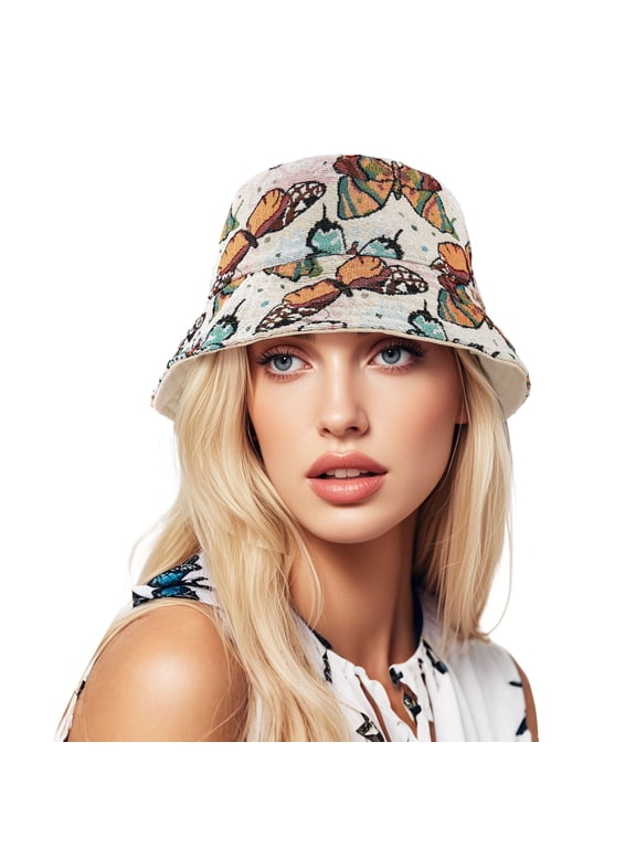 Reversible Bucket Hat for Men Women Butterfly Printed Sun Hats Fisherman Outdoor Summer Travel Hiking Double Side Wear