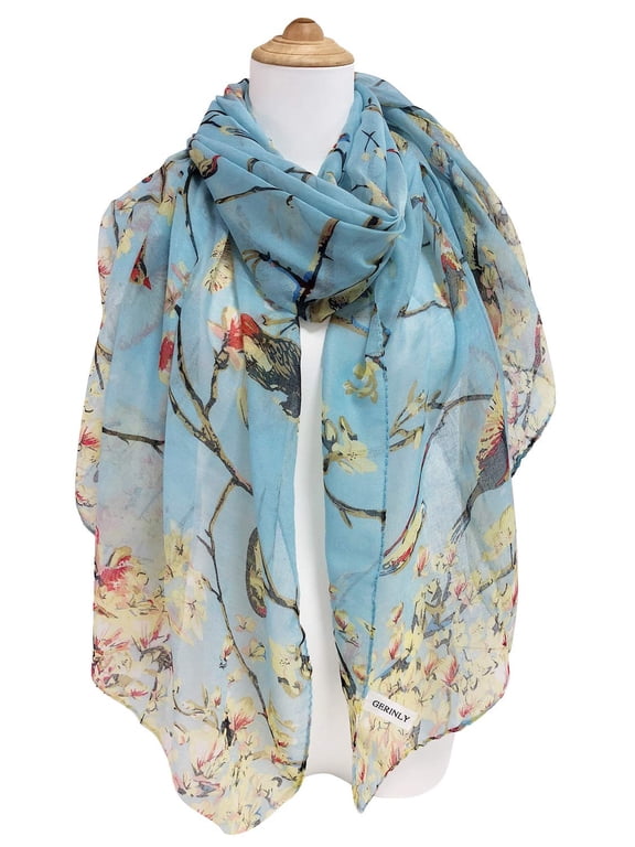 Scarfs for Women Lightweight Floral Birds Print Cotton Fashion Scarves and Wraps for Shawl