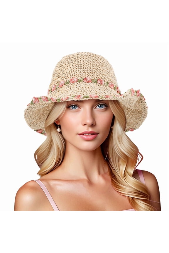 Straw Sun Hat for Women Wide Brim UPF 50+ Packable Foldable Beach Bucket Hat Floppy Travel Summer Cap Adjustable Chin Strap, Beige