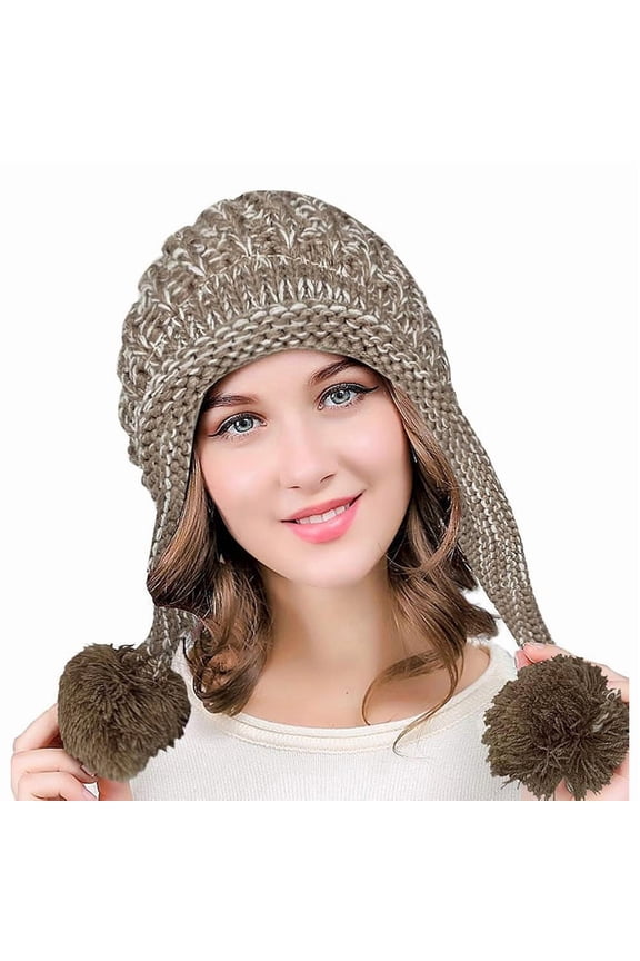 Winter Beanie Hat for Women Warm Fleece Lined Pom Knit Earflap Hats Cute Outdoor Snow Ski Skull Cap