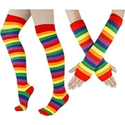 WOWSTYLE Women's 2-Pack Rainbow Striped Stockings Thigh High Socks for Women Rainbow Socks over The Knee Stockings Extra Long Cosplay Costumes Day Accessories Size 4-8