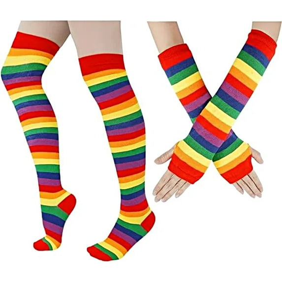 Wowstyle Women's 2-Pack Rainbow Striped Stockings Thigh High Socks for Women Rainbow Socks over The Knee Stockings Extra Long Cosplay Costumes Day Accessories Size 4-8