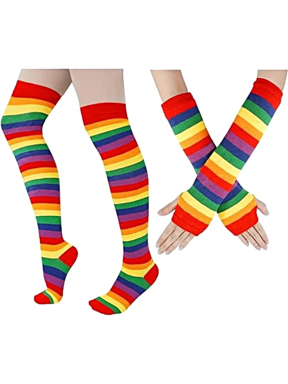 Women's 2-Pack Rainbow Striped Stockings Thigh High Socks for Women Rainbow Socks over The Knee Stockings Extra Long Cosplay Costumes Day Accessories Size 4-8