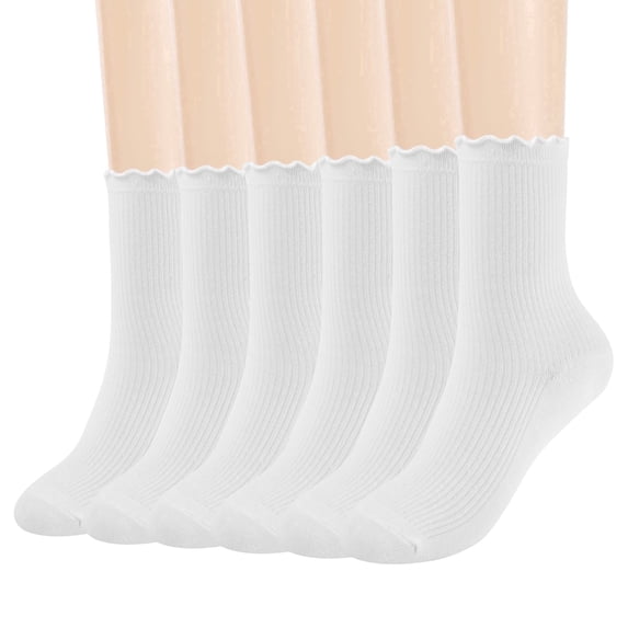 Wowstyle 6 Pairs Ruffle Cotton Crew Socks for Women Lettuce Edge Frilly Convertible Ankle Dress Socks Breathable Moisture-Wicking Coquette Size 5-10