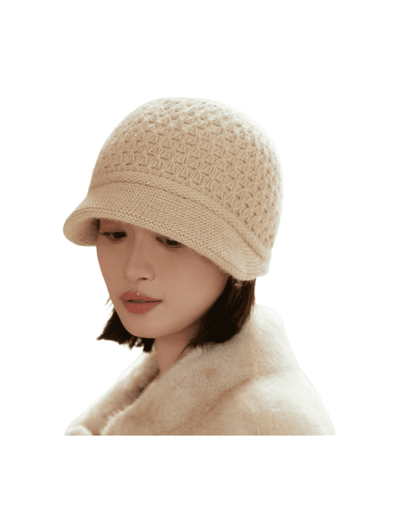 Womens Winter Beanie Hat Warm Knitted Slouchy Wool Hats Cap with Visor-Beige