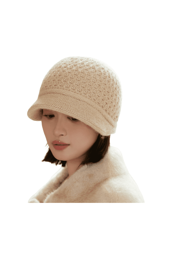 Womens Winter Beanie Hat Warm Knitted Slouchy Wool Hats Cap with Visor-Beige