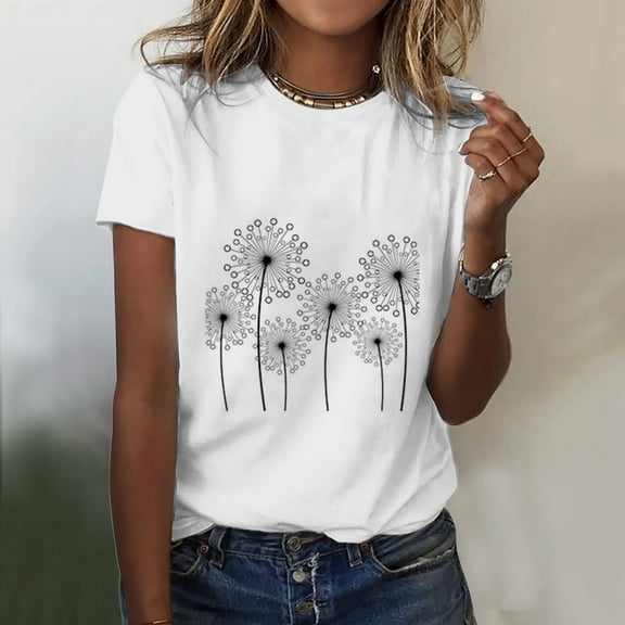 Wozhidaoke Dandelion Shirt, Short Sleeve Womens Simple Casual Printing Comfortable Round Neck T Shirt, Floral T-Shirts for Women | Beige L