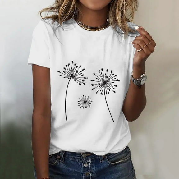 Wozhidaoke Dandelion Shirt, Short Sleeve Womens Simple Casual Printing Comfortable Round Neck T Shirt, Floral T-Shirts for Women | White 2XL