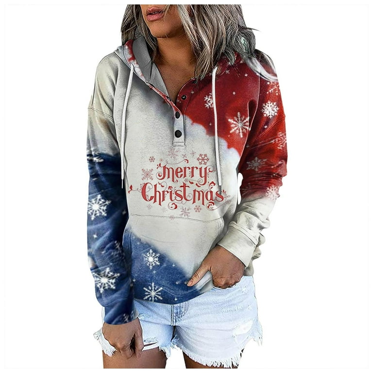 Wozhidaoke Essentials Hoodie Women Winter Christmas Crewneck Button Print  Long-Sleeved Hoodie Blouse Pullover Womens Sweatshirt Hooded Sweatshirt