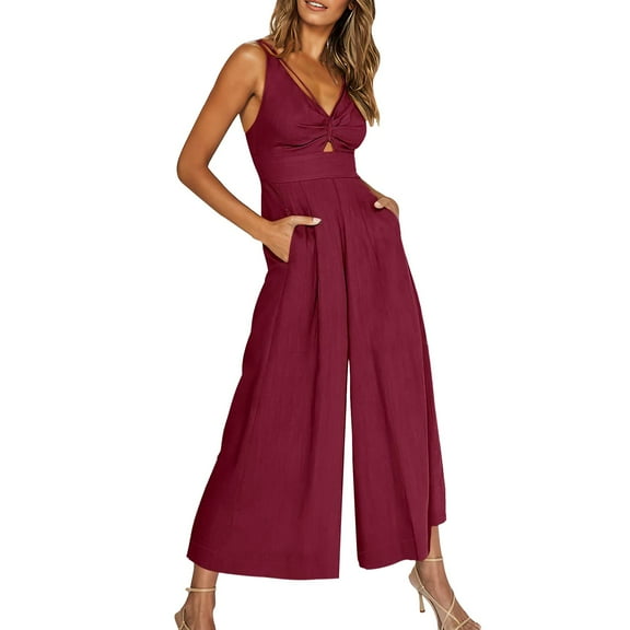 Wozhidaoke Jumpsuits for Women Ladies Casual Jumpsuit Onesie Spaghetti Strap Loose Rompers for Women Wide Leg Pants for Women Red3 S