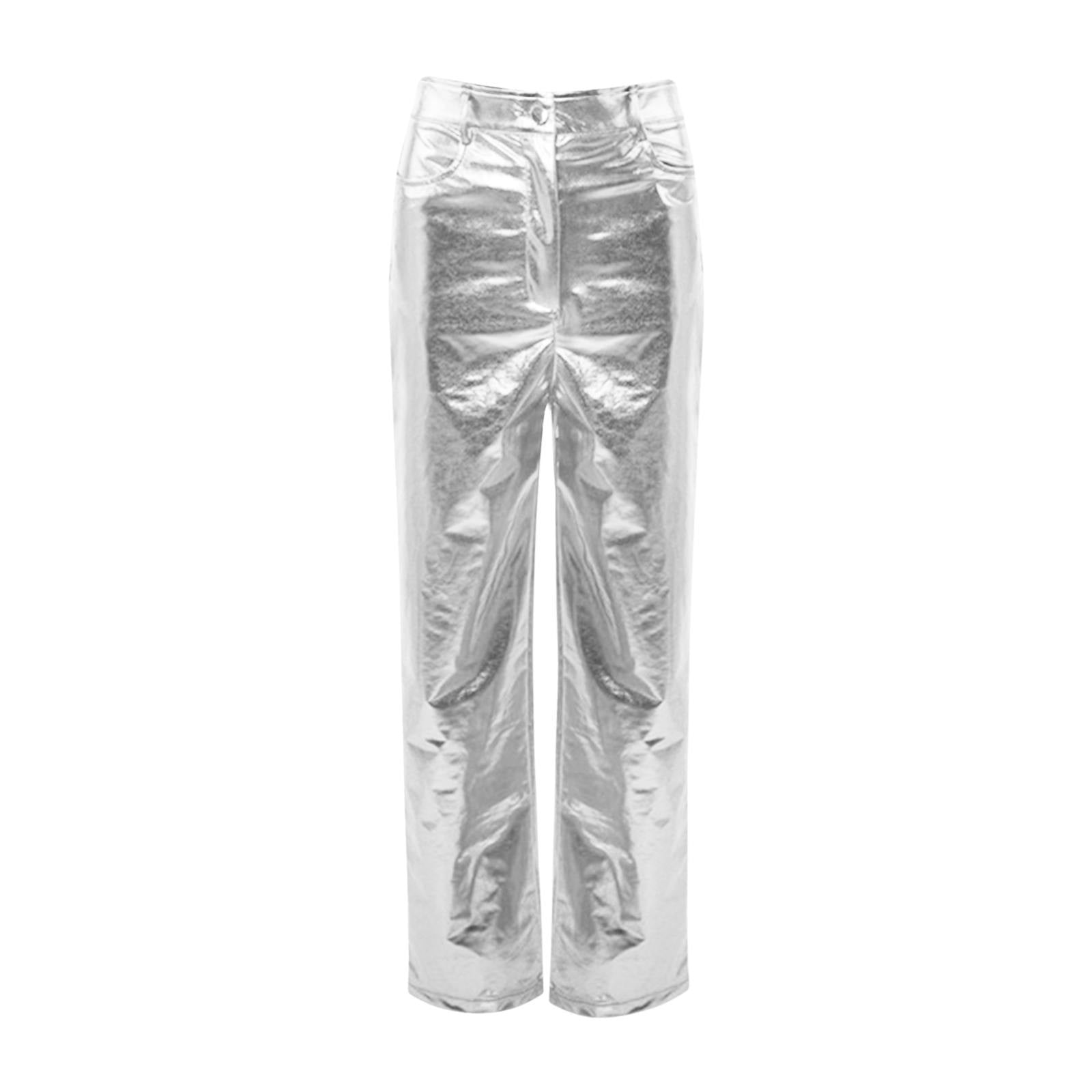 Wozhidaoke Leather Pants Silver Metallic Straight Leg Pants Wozhidaoke Leather Pants Silver Metallic Straight Leg Pants