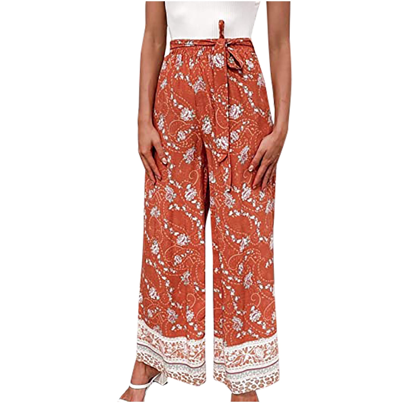 Wozhidaoke Wide Leg Pants Wide Drawstring Waist High Printed Ladies