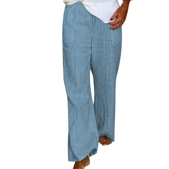 Wozhidaoke Women'S Pants Women's Striped Cotton Linen Loose Fashion Casual Straight Leg Pants Slacks for Women, Blue +S