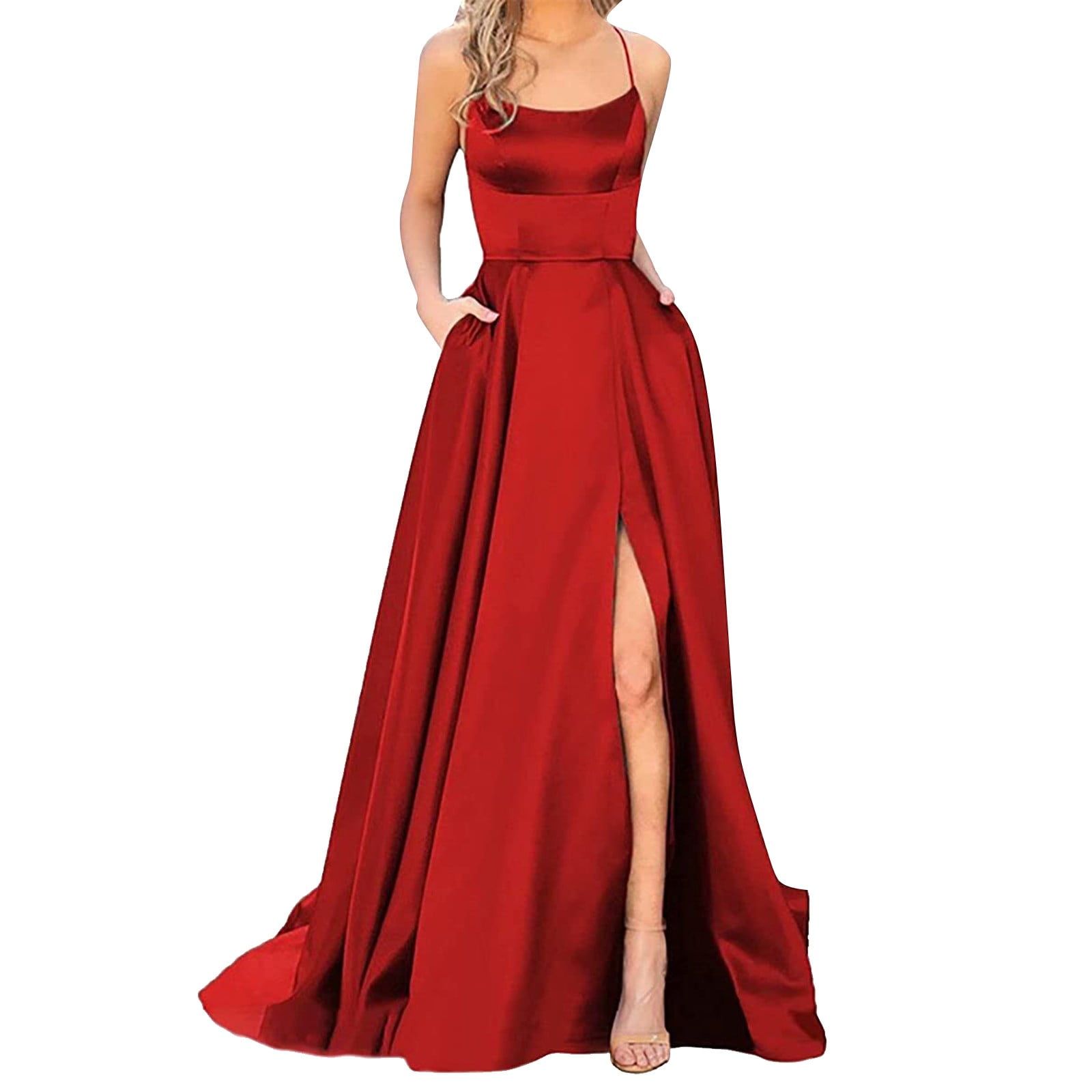 Wozhidaose Prom Dress Red Dresses for Women Long Elegant Halter Backless  Crisn Satin Spaghetti Party Side Slit Wedding Evening Party Dress Bodycon