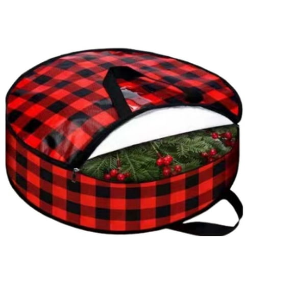 Wozhilaka Closet Organizers Reath Storage Bag 24 inch Garland Holiday Container with Plaid Christmas Wreath Storage Box with Heavy Duty Handle and Clear Window for Xmas