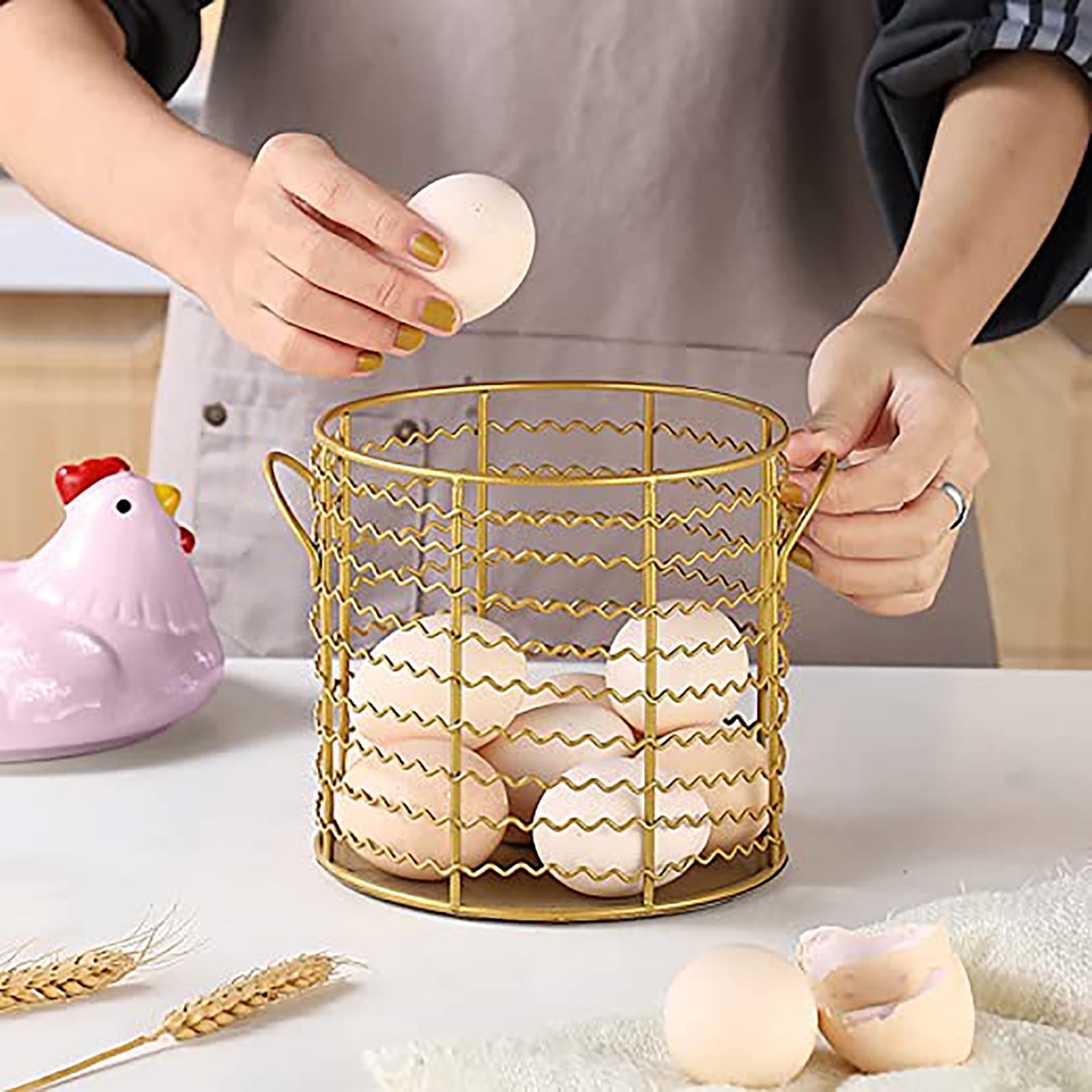 Wozhilaka Storage Box Colorful Design Eggs Basket Ceramic Chicken Shaped Lid Round Wire Basket Bottom Handle Metal Wire Eggs Storage Basket with Ceramic Farm Chicken Cover Farmer Style