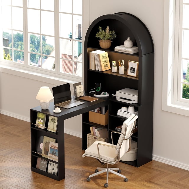 Wozkli 47.2-Inch L-Shaped Desk with Arched Hutch, 11 Storage Areas ...