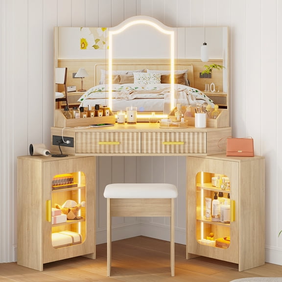 Wozkli Corner Vanity with 3 Way Mirror, Dimmable Lights, Charging Station, 2 Fluted Drawers, Felxible Side Cabinets and Stool, Oak