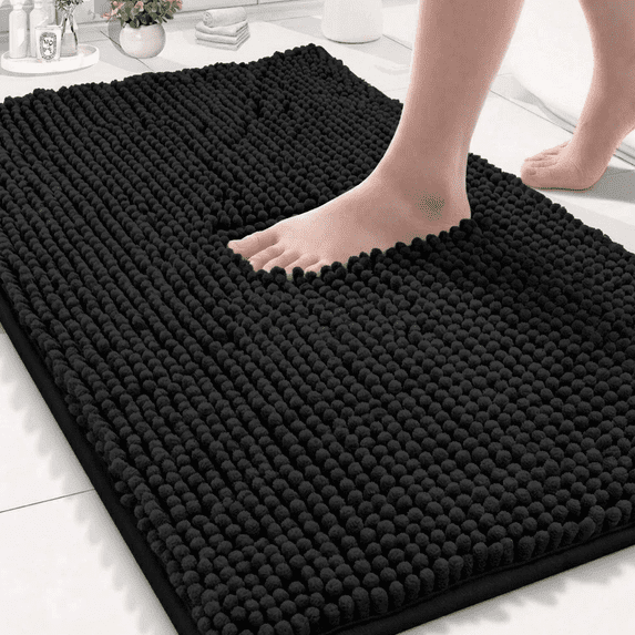 Wozola Chenille Bath Mat 59 x 24 Inch, Extra Soft Absorbent Bathroom Rug, Non Slip Rubber Backing, Quick Dry Machine Washable Bath Rug for Bathroom Floor, Tub and Shower,Black