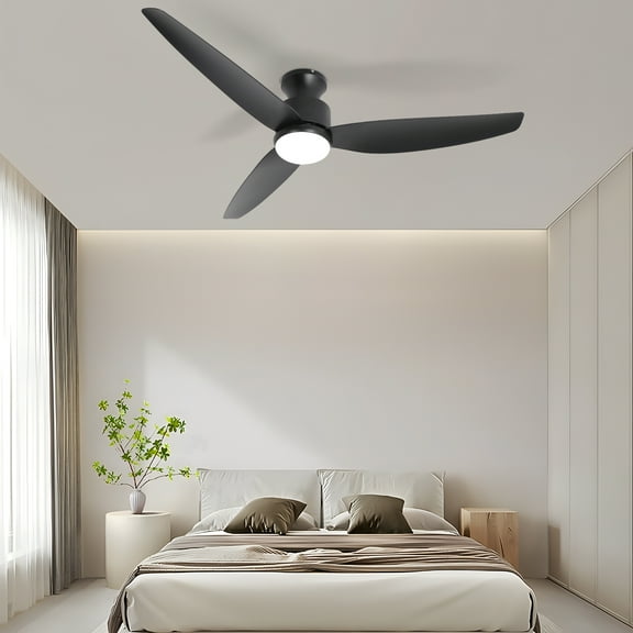 Wozzio 52-inch Indoor Outdoor Modern Ceiling Fan With Light And Remote Control, 3 Black Blades, Silent Reversible DC Motor, Light Memory Function, 6-speed Airflow For Bedroom/Living Room Etc.