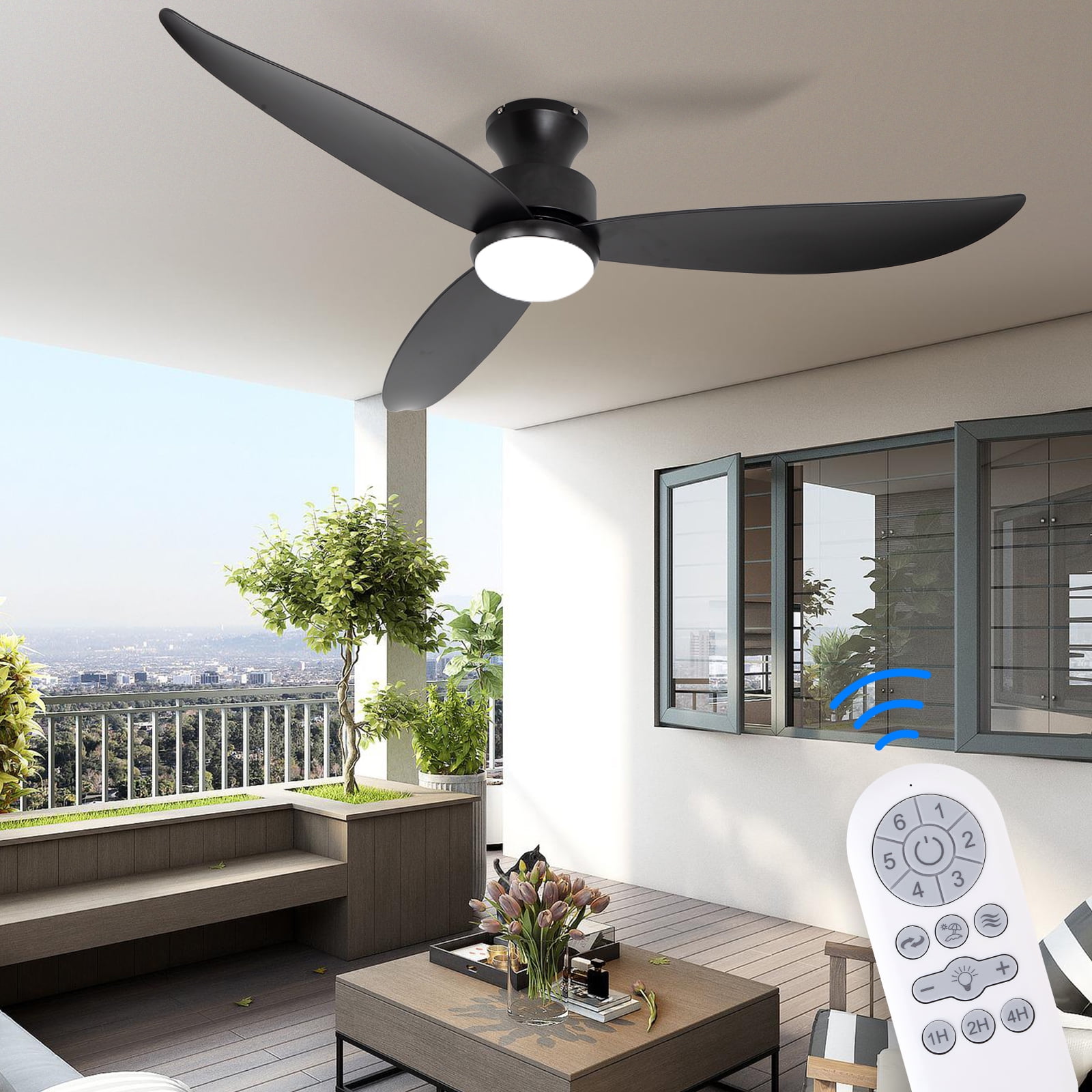 Wozzio Modern Black Ceiling Fan 52'' Modern Black Ceiling Fan - 3 Blades, 6 Speeds, With Light With Remote Control, Noiseless Reversible DC Motor, Indoor Outdoor, Flush Mount