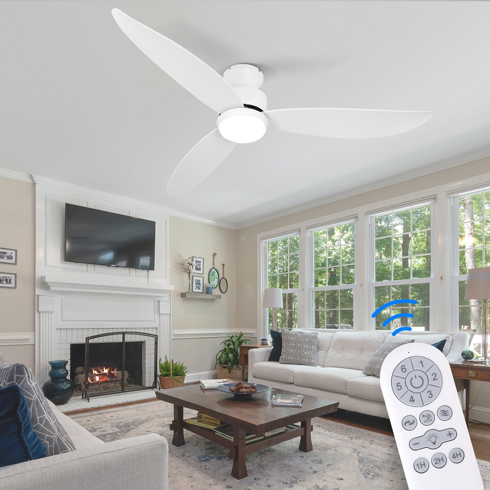 Wozzio Modern White Ceiling Fan, 52 Inches, Recessed Installation with Light, 3 Blades, 6 Speeds, LED 3 Brightness Adjustable, Noiseless Reversible DC Motor, Indoor and Outdoor