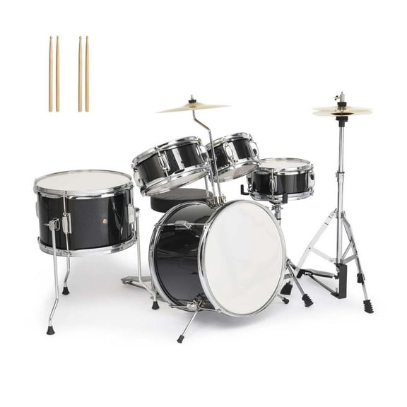 Wqmh 5-Piece Complete Junior Drums Set, 14 Inch Beginners Drum Kit with Throne Stool, Pedal & Drumsticks, Drums Musical Instruments W/Cymbal, Hi-Hat, Floor, Tom and Snare Drum (Black)