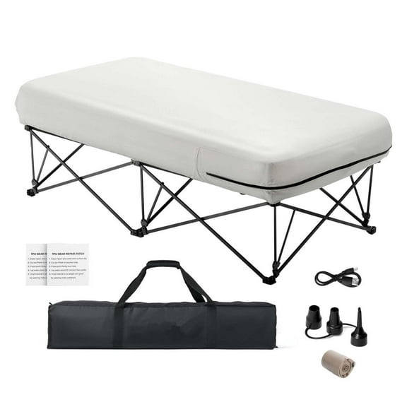 Wqmh Camping Cot with Mattress for Adults, Folding Camping Bed with Inflatable Air Mattress &Airpump, Portable Bed Camp Cot with Carry Bag, Blow Up Camp Cot , 1 Person 300LBS-External Pump