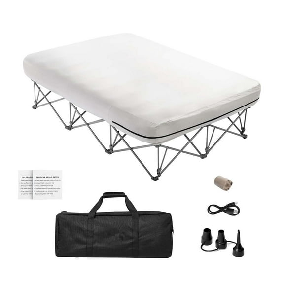 Wqmh Camping Cot with Mattress for Adults, Folding Camping Bed with Inflatable Air Mattress &Airpump, Portable Bed Camp Cot with Carry Bag, Blow Up Camp Cot , 2 Person 600LBS-External Pump