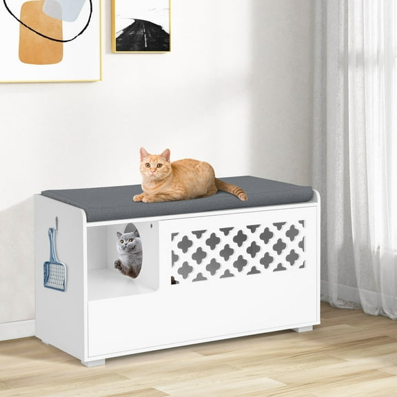 Wqmh Cat Litter Box Enclosure, Hidden Litter Box with Removable Cushion & Flip-Down Opening, Multifunctional Storage Cabinet Bench, Modern Litter Box Furniture Fits Most Litter Box (White)