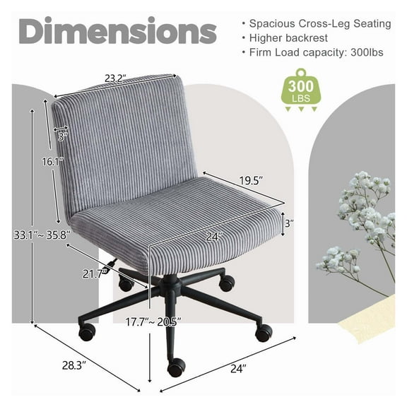 Wqmh Criss Cross Chair with Wheels & pegs,Dual-Base Wide Armless Comfy Desk Chair Cross Legged,Adjustable Swivel Modern Vanity Chair,Computer Rolling Chair for Home Office,Makeup,Waxed PU,Grey