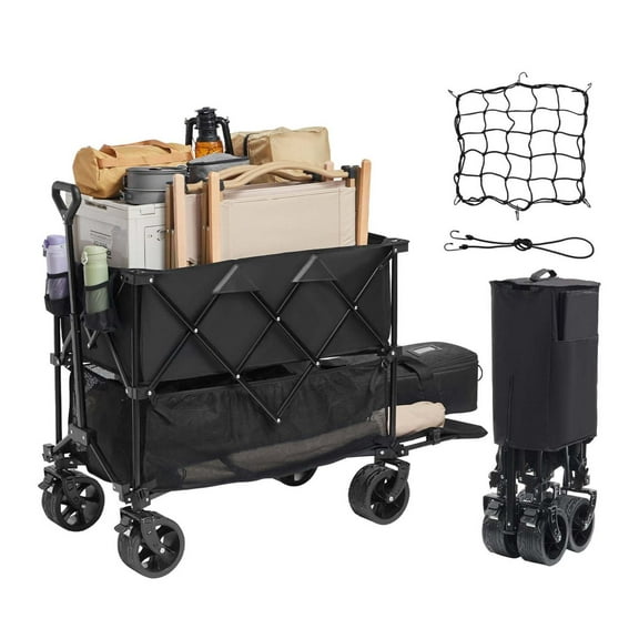 Wqmh Double Decker Wagon, 400L Collapsible Wagon Cart with All-Terrain Wheels, Heavy Duty Folding Wagons Cart 350 lbs Weight Capacity for Camping,Shopping,Garden,52" Extra Long Extender