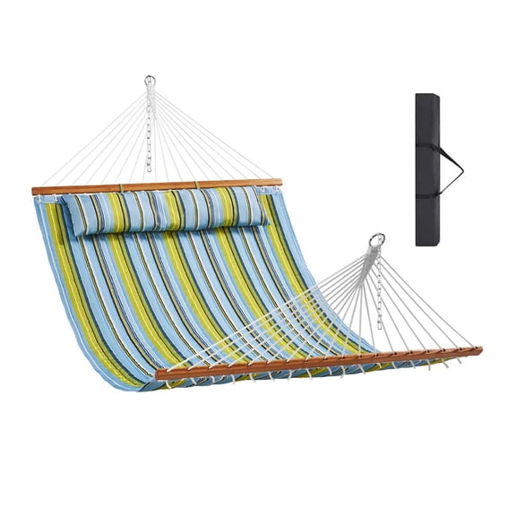 Wqmh Double Quilted Fabric Hammock, 12 FT Double Hammock with Hardwood Spreader Bars, Detachable Pillow and Chains for Camping Outdoor Patio Yard Beach, 480 lbs Capacity