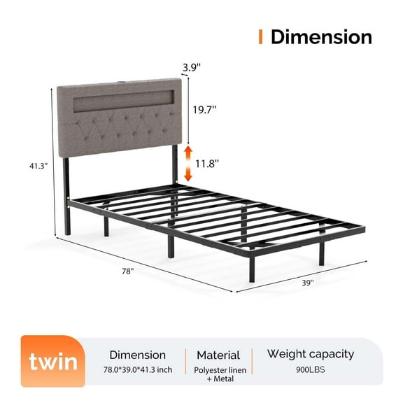 Wqmh Floating Bed Frame with LED Lights and Charging Station,Sturdy Metal Platform Bed,Hidden Storage Velvet Upholstered Headboard,No Box Spring Needed,Easy Assembly,Twin-Grey