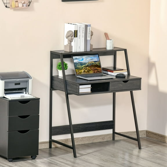 Wqmh Home Office Desk Computer Desk with A Frame Design for Small Spaces Writing Table with Drawer and Storage Shelves for Bedroom Study Office, Grey