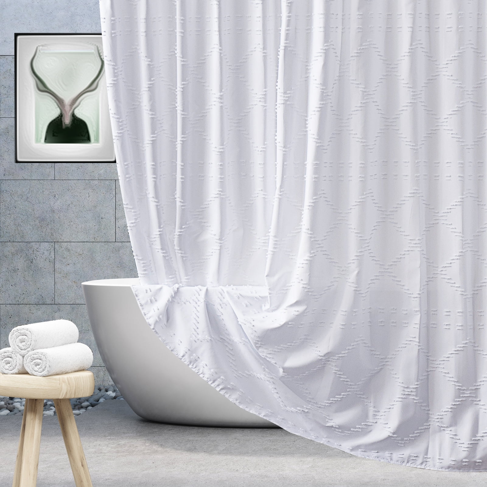 Wracra Boho White Shower Curtain, Modern Farmhouse Tufted Geometry Fabric Shower Curtain Set for Bathroom Decor, Waterproof, 72 x 72 inch, White