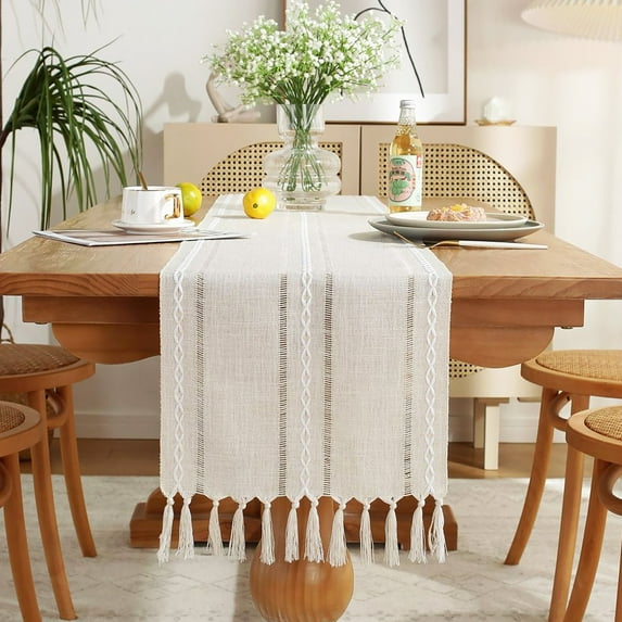 Wracra Cotton Linen Hemstitched Table runner, Ivory, 13"×60"