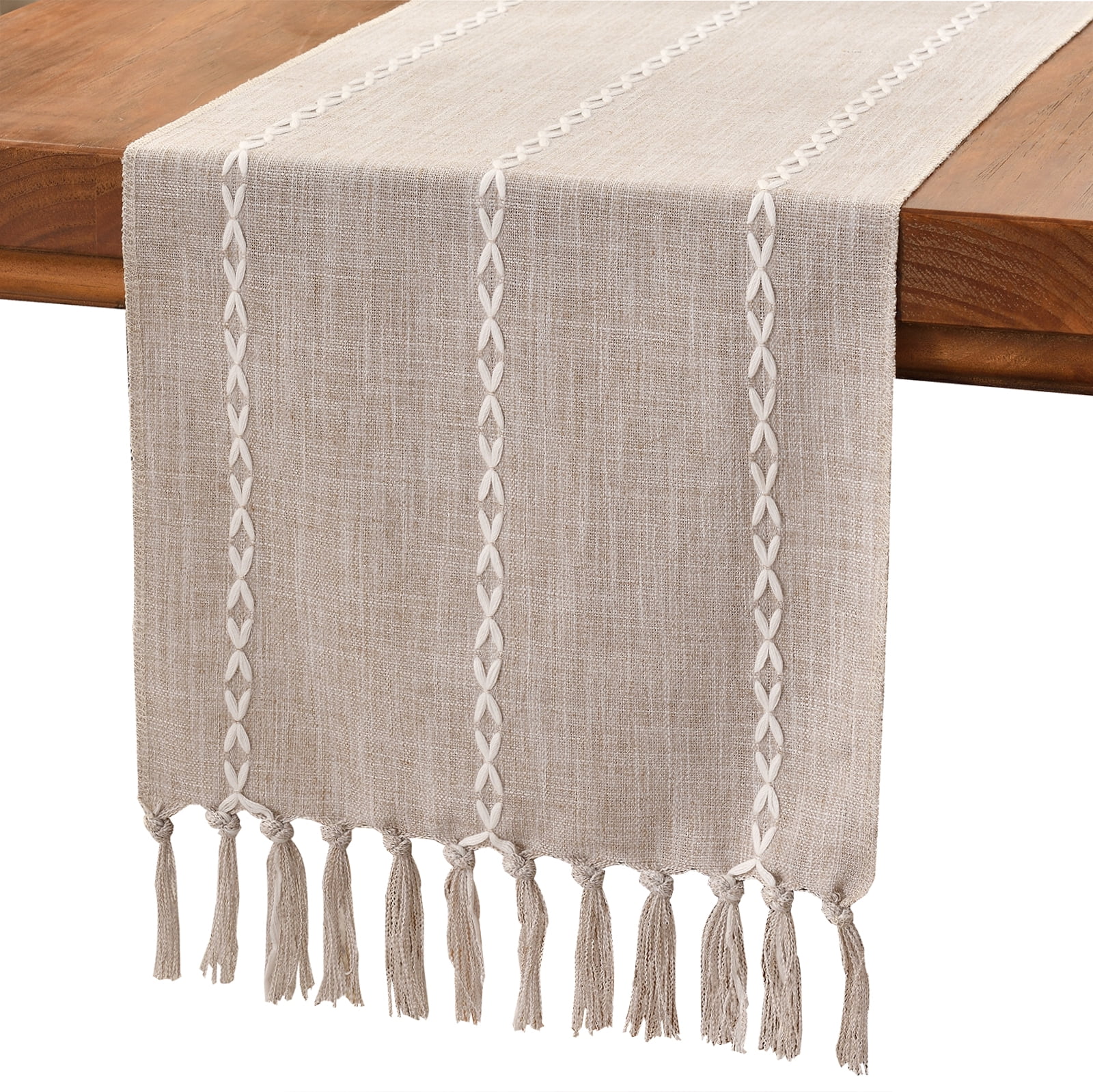 Chemin De Table Brodé En Lin 180 Cm – Motif Feuilles De Saule Irrégulières, Style Rustique Pour Salle à Manger