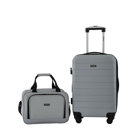 Wrangler 2-Piece Expandable Rolling Spinner Carry-on Set with Patented 4-in-1 Cup Holder, Ultimate Gray