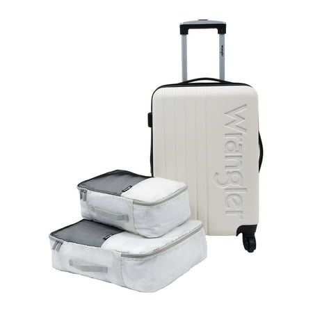 Wrangler 3 Piece Expandable Rolling Luggage Set with 20" Rolling Carry-on and 2 Packing Cubes, Beige