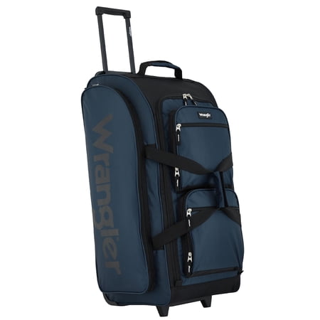 Wrangler 30-inch Large Checked Multi-Pocket Upright Rolling Duffel Bag for Travel, Blue Pond