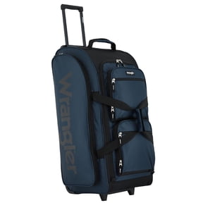 Wrangler 30-inch Large Checked Multi-Pocket Upright Rolling Duffel Bag for Travel, Blue Pond