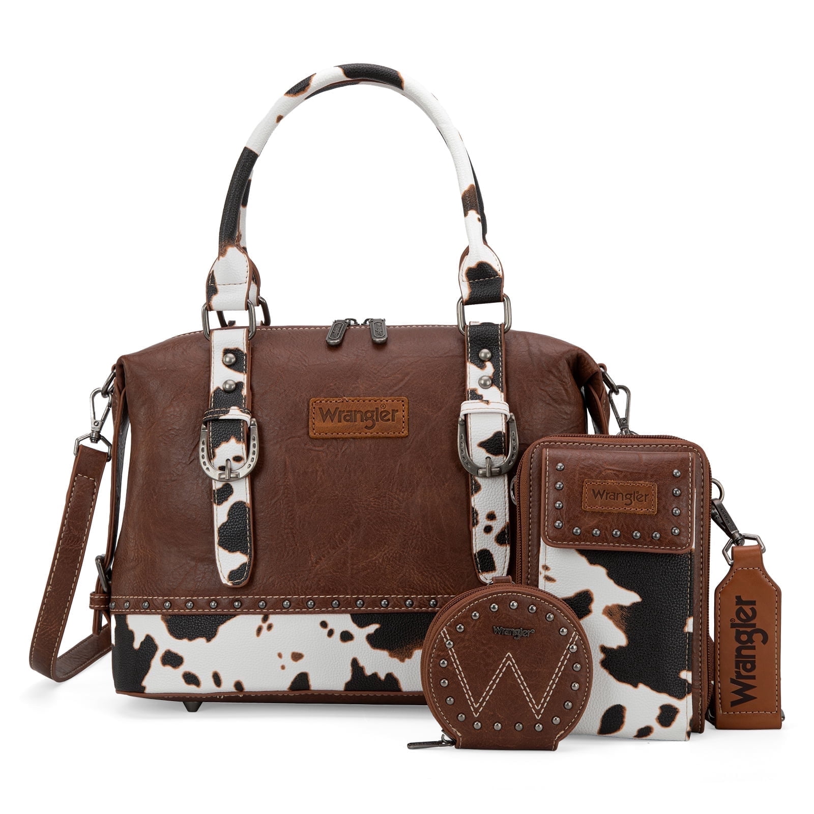 Wrangler 3Pcs Doctor Bag Sets for Women Top-Handle Satchel Bag with Cell Phone Handbags & Coin Purse, Cow Print-Brown